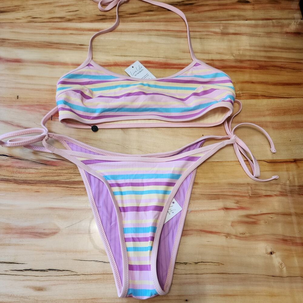 NWT CUPSHE Bikini Swimsuit 2 Pc Womens Small Striped Bandeau Top Hip Tie Sexy - Picture 11 of 14